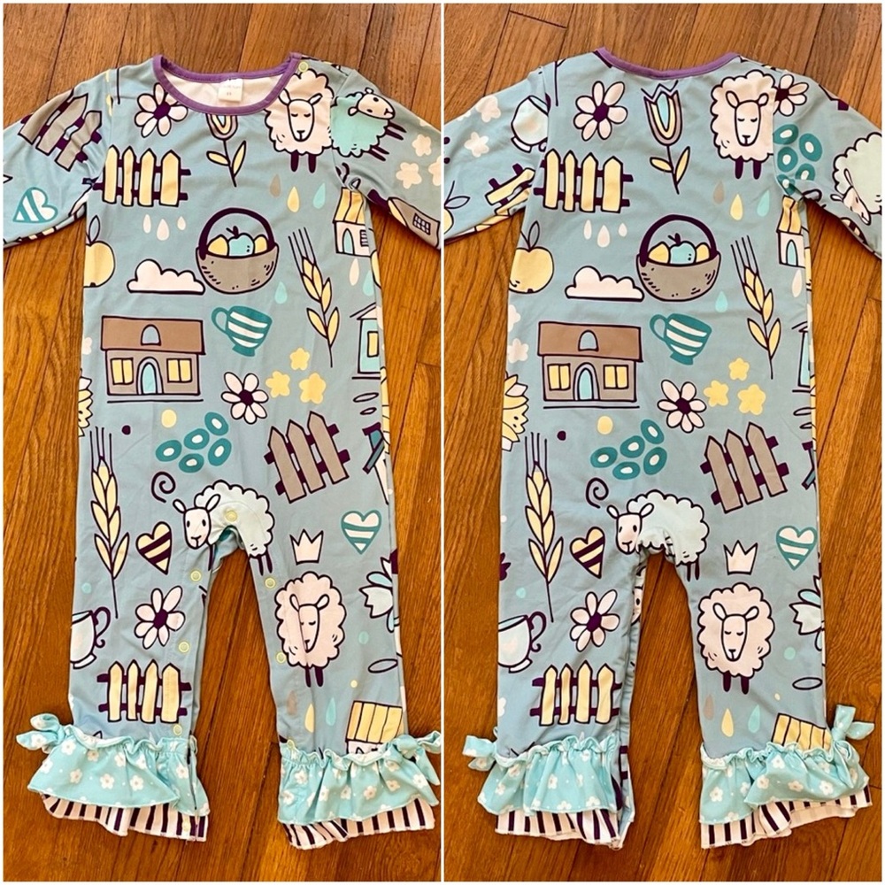 Penelope Plum Ruffle Leg Farm Girl  Animal Print One Piece Romper  - Sz 2T